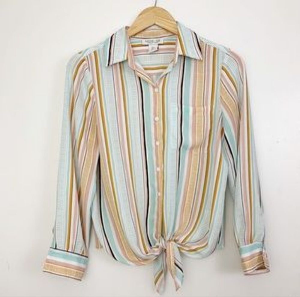 Rachel Zoe Striped Front Knot Long Sleeve Blouse NWT Size XL